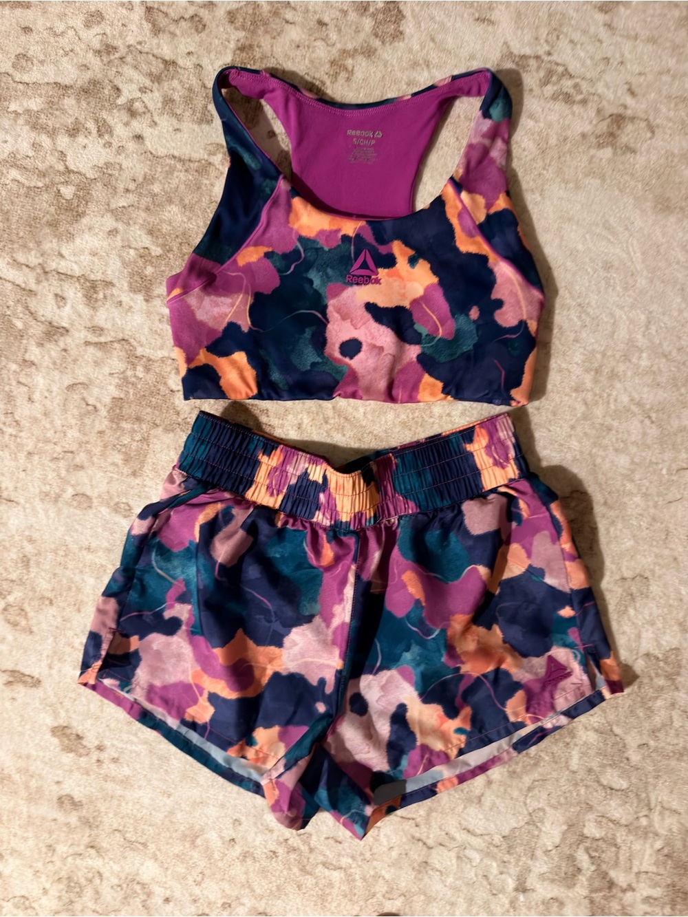 Reebok Purple Navy Pink Orange Camo Athletic Shorts Set